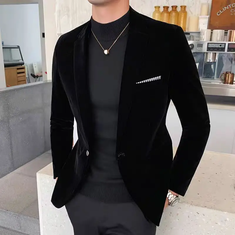 M-4XL Plus Size Men's Blazer Slim Fit Single Breasted Black Blue Red Velvet Formal Wedding Groom Tuxedos For Male