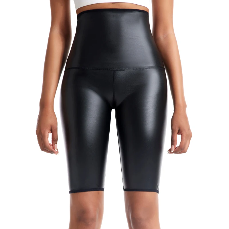 Pantaloncini in pelle Pu neri a vita alta Sexy da donna Leggings da donna pantaloni da Fitness collant da palestra da allenamento Leggings sportivi da Jogging a vita alta - Image 3