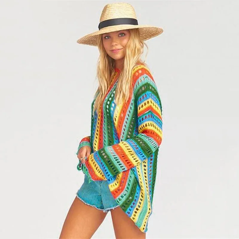 Boho Striped Crochet Tunic Sexy Hollow Out Bikini Cover-ups Multicolored Mesh Dress Women Beach Wear Swim Suit Cover Up