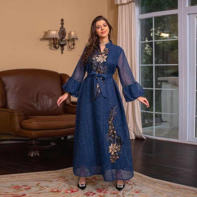 2023 Islam Abaya Dress New V-neck Long Sleeve Abayas for Women Slim Dress for Dubai Women Satin Solid Robe Femme Islam Clothing