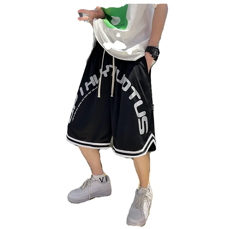 Men Cityboy Ice Silk Loose Shorts Summer Sports Basketball Ins Letters Print Short Pants Knee Length Trainning Drawstring Waist
