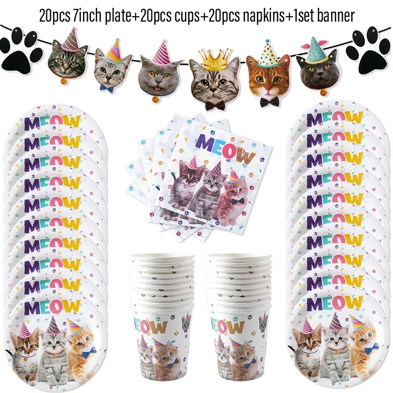 Haustier Katzen Geburtstag Party Dekoration Papier Banner Platte Tasse Kuchen Topper Einweg Geschirr Set Kinder Katzen Thema Party Liefert – Detail 10