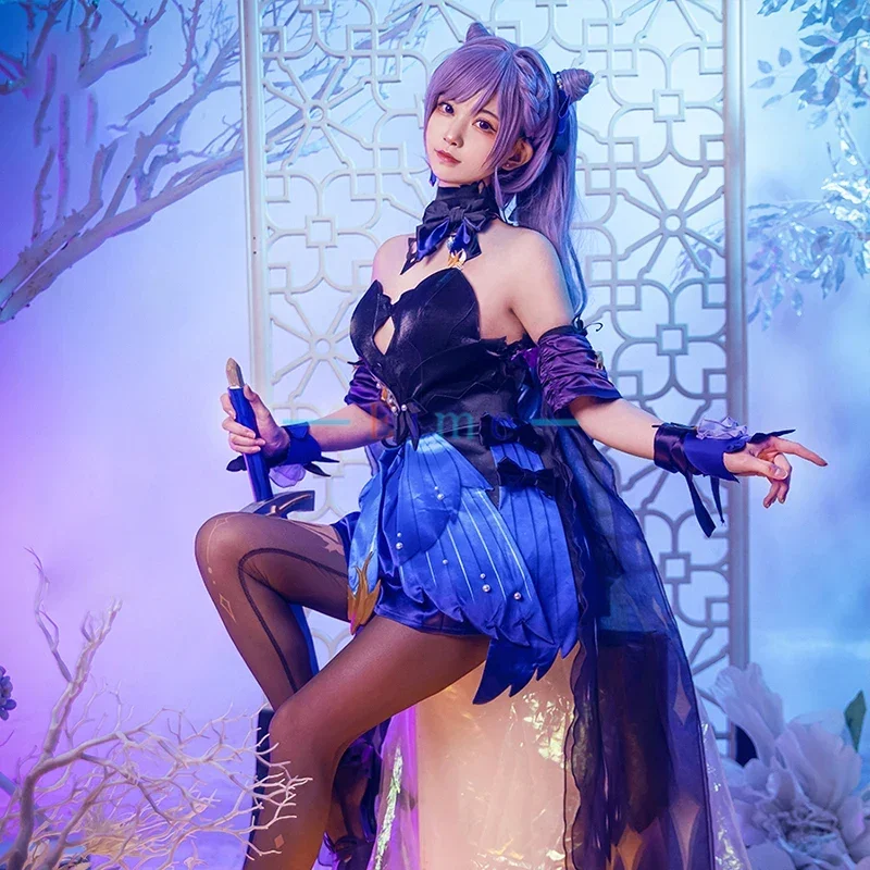 

Game Genshin Impact Keqing Cosplay Costume Anime Suit Elegant Dress Uniform Halloween Party Role Play Outfit For Women