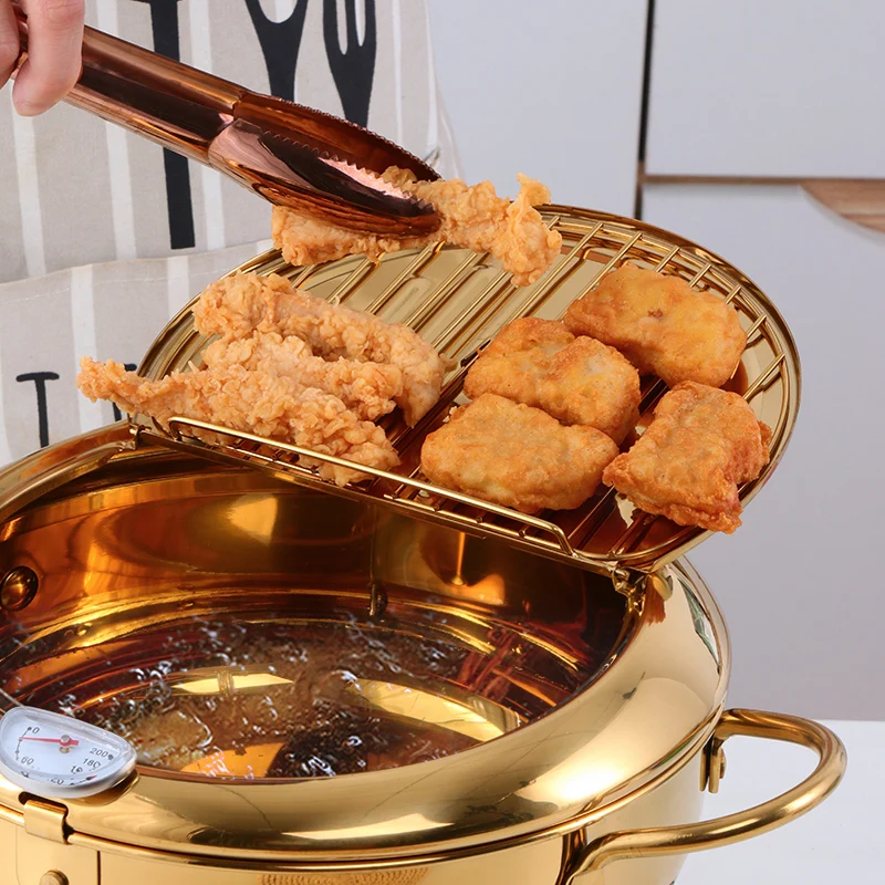 Deep Frying Pan with Lid Drainage Thermometer Stainless Steel Durable  Cooking
