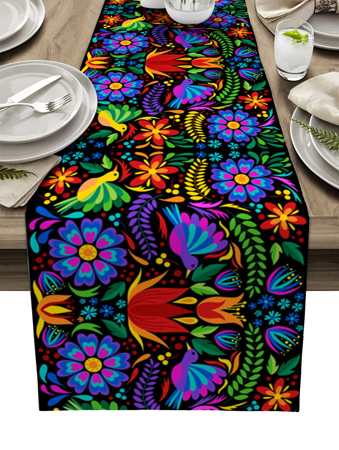 

Colorful Mexico Abstract Flower Linen Table Runner Kitchen Table Decoration Farmhouse Dining Tablecloth Wedding Party Decor