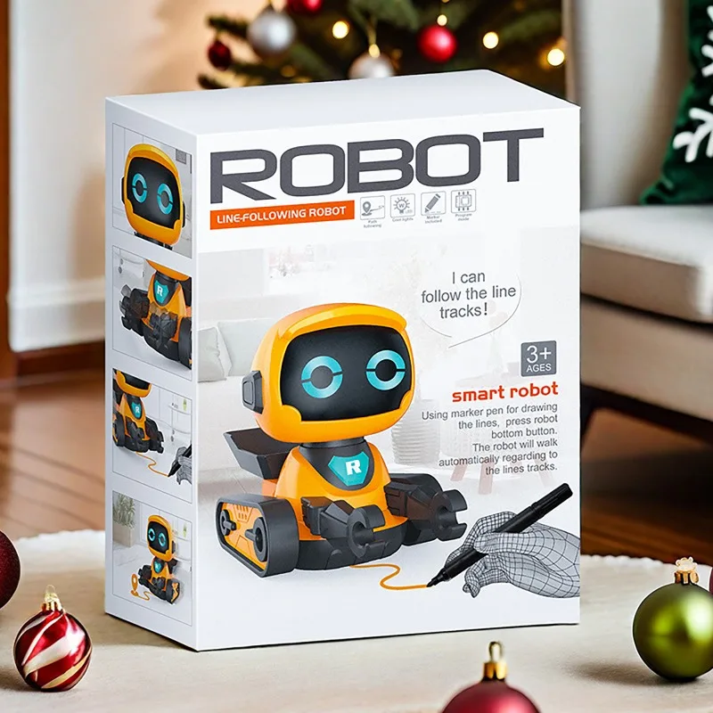 『Smart Line-Tracking Toy With Sound Effects』- Interactive Orange & White Educational Robot For Kids' STEM Summer Gifts_voghion.com