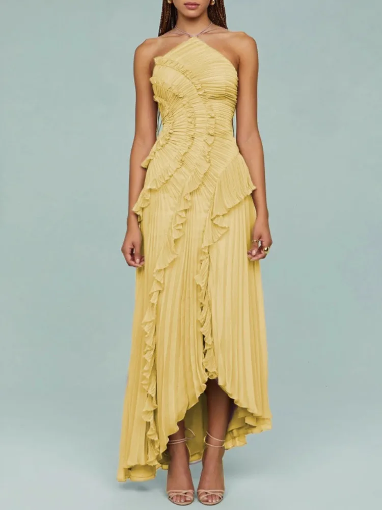 QMQA فساتين نسائية عصرية مكشكشة بدون حمالات بدون ظ...