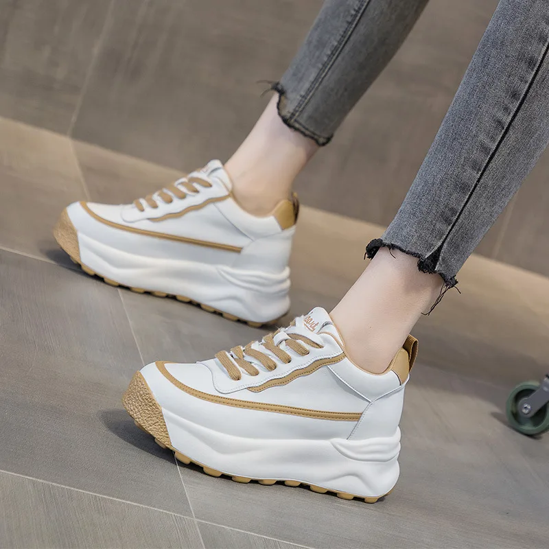 

8cm new High Brand Natural Cow Genuine Comfy Casual Shoes Ladies Vulcanize Leather Women Platform Chunky Sneakers Loafers