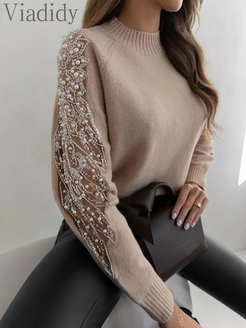 Women Casual Solid Color Contrast Sequin Beaded Sheer Mesh Patchwork Pullover Knit Sweater