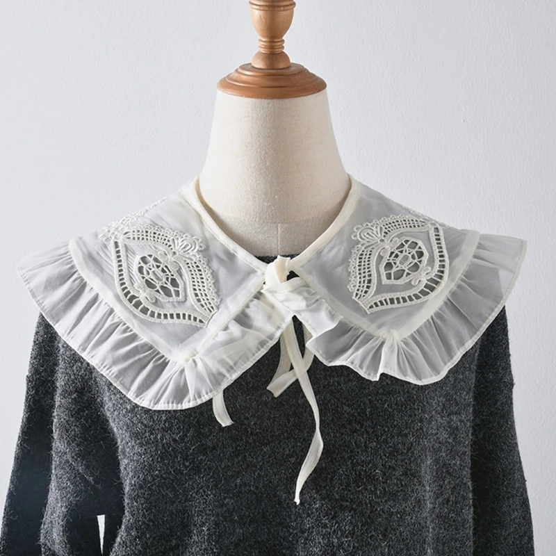 

Women Elegant Embroidery Lace Patchwork Detachable Faux Collar Ruffled Trim Shawl Scarf Lace-Up Bowknot Capelet Shrugs M6CD