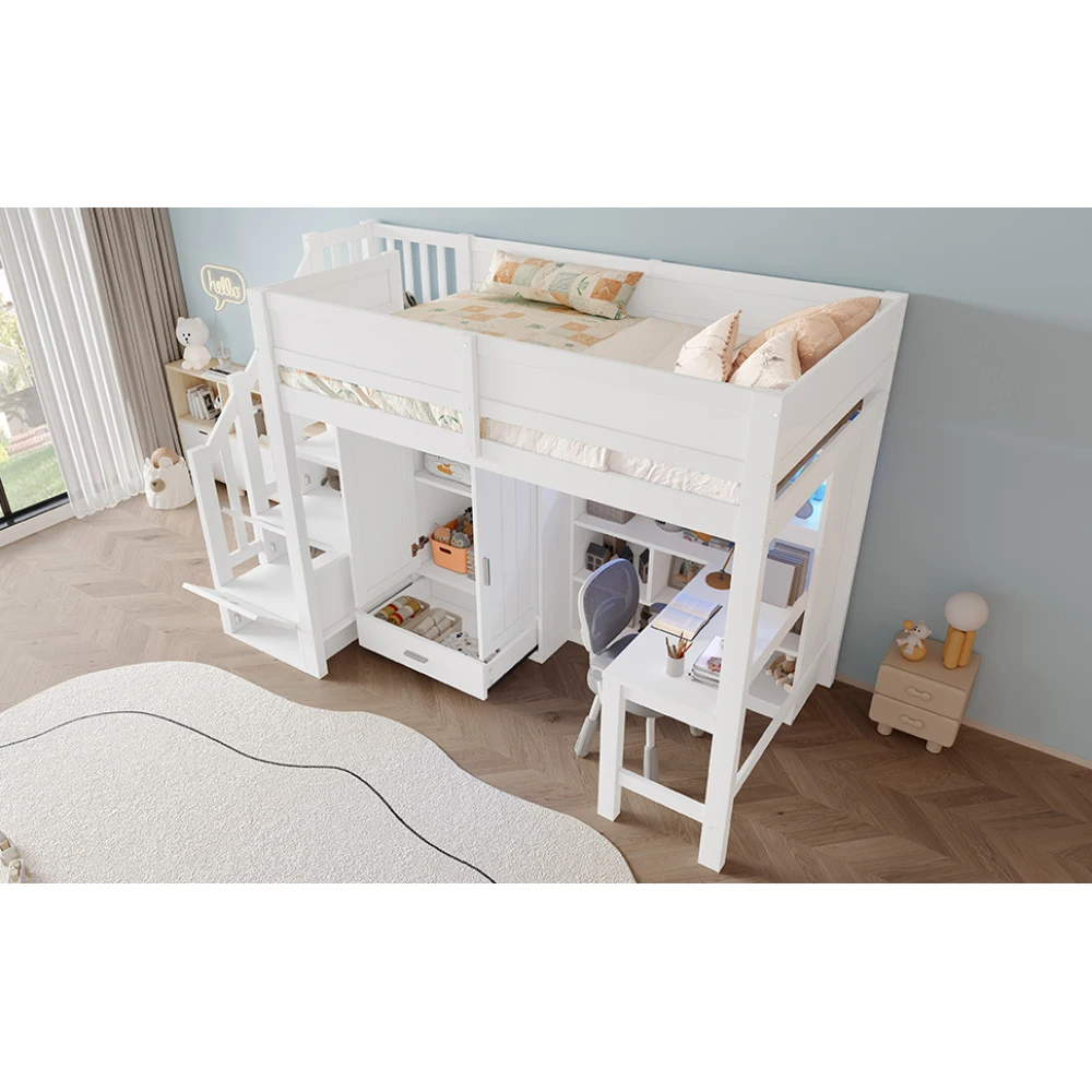 90x200cm Kinderzimmer-Hochbett mit Schreibtisch, Regal und Kleiderschrank, modernes Kinderbett mit Stauraumtreppe und LED-Leuchten, weißes Etagenbett – Detail 19