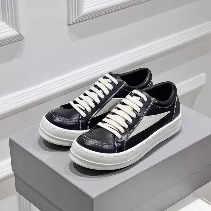 

2023 Luxury Design British Retro Calf Leather Splice Dark Low Top Casual Canvas Board Shoes Ins Trendy Soft Sole