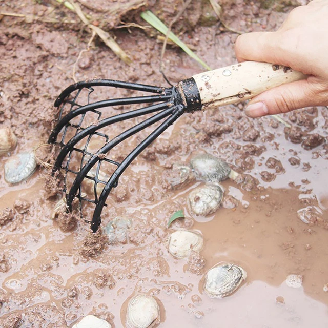 Multifunctional Clam Rake With Net 5 Claw Wood Handle Rake Shell Digging Tool Dig Seafood Accessories Weeding Farming Tool 5