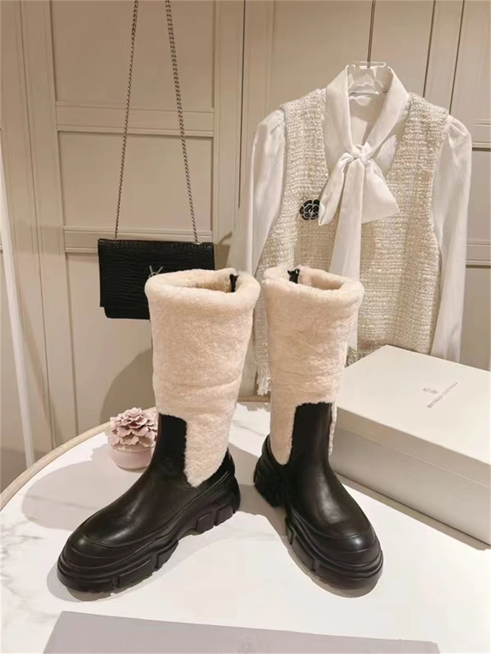 

PETITE Lnternational Brand Custom Brunello* Cucinell* Winter Lamb Wool Two Wear Women's Leather Platform Fashion Cotton Boots