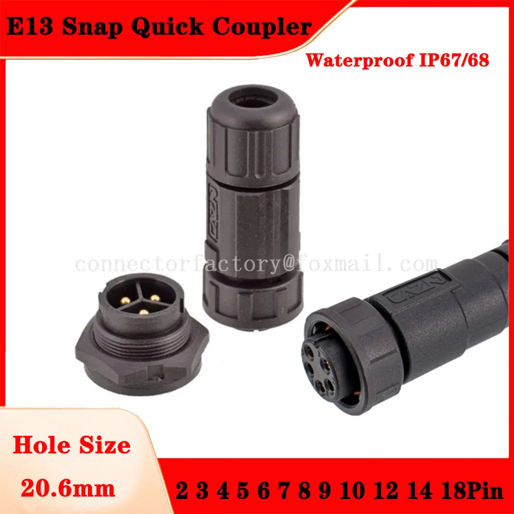 

E13 Snap Quick Coupler Waterproof IP67/68 2 3 4 5 6 7 8 9 10 12 14 18 Core Pins Male Socket Female Plug Large Small Current