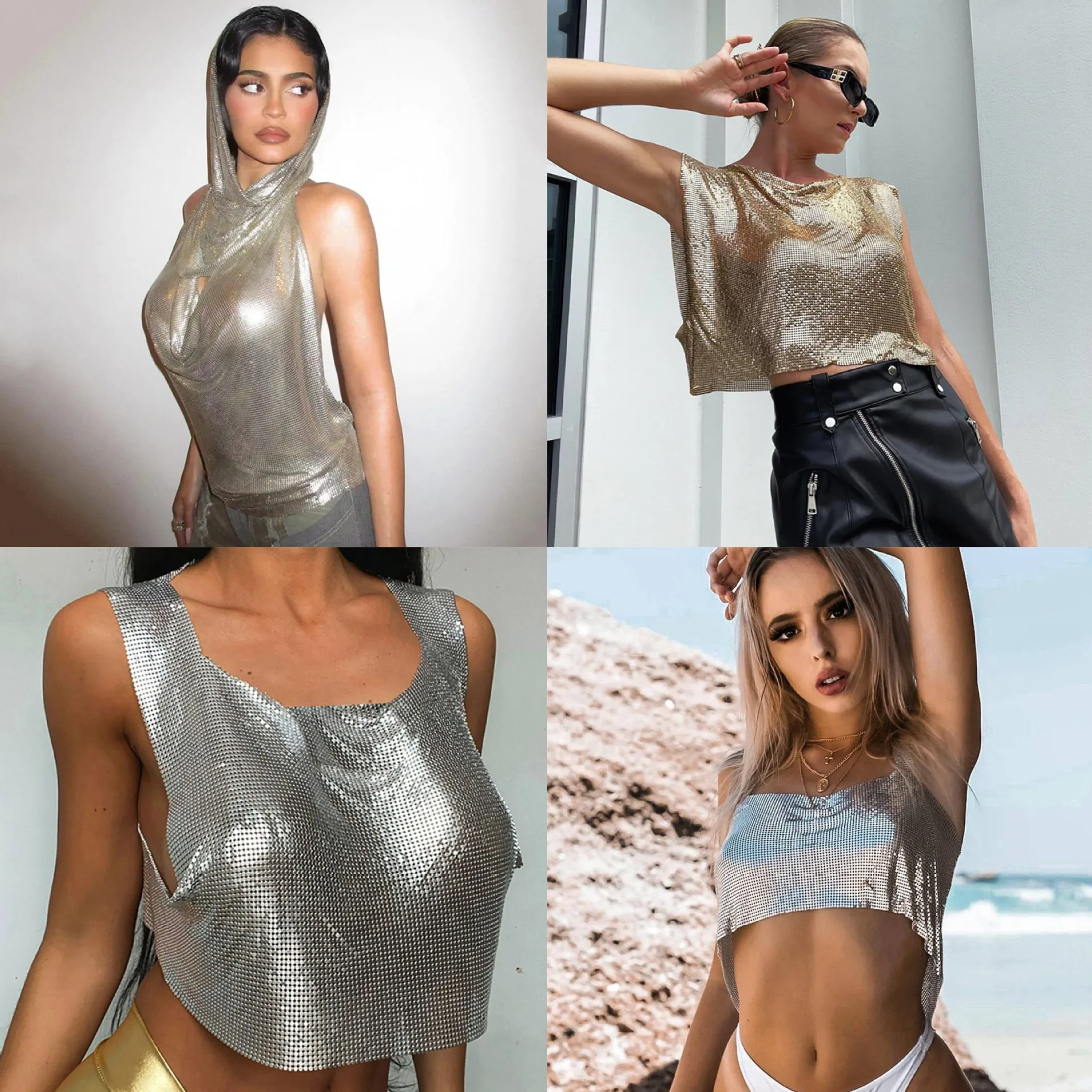 

Summer Sleeveless Metal Tank Tops for Women Bling Short Metallic Sequined Shirt Tops High Street Vest Tops Night Club Body Chain