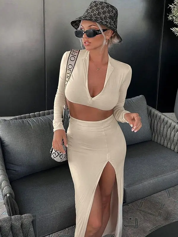 

Women Sexy 2023 Autumn Black Party Outfits Club Two Piece Set V Neck Skirts Long Sleeve Crop Top And Midi Bodycon