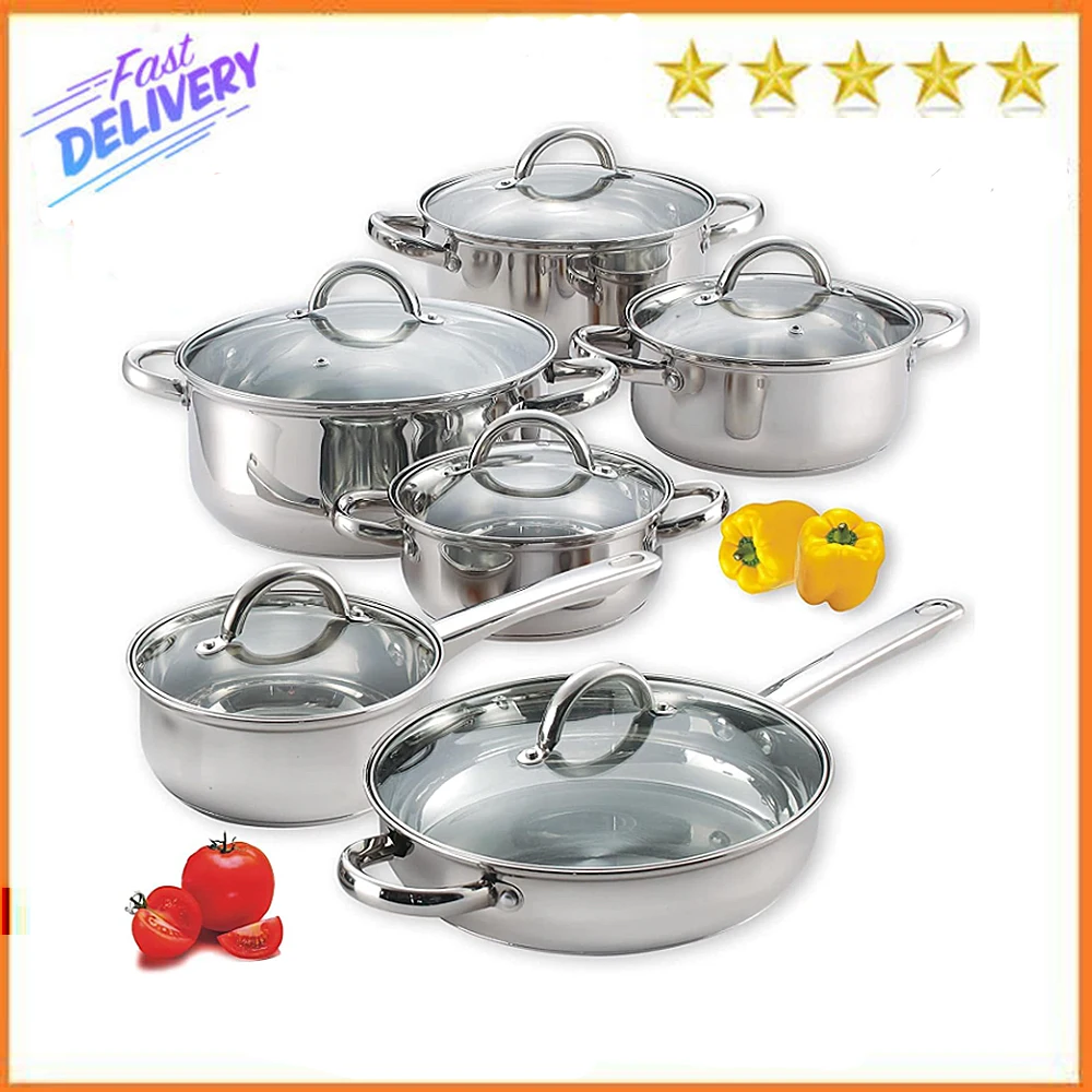 

Cook N Home Kitchen Cookware Sets, 12-Piece Basic Stainless Steel Pots and Pans, Silver