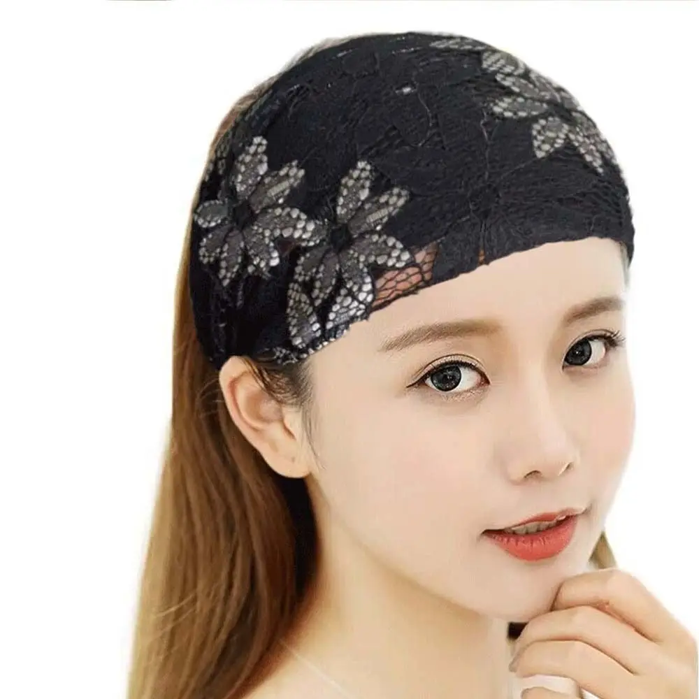 Temperament Non Slip Mesh Flower Headband Hollow Hair Hoop Lace Hairbands Korean Style Headwear Wide Side Head Wrap Daily