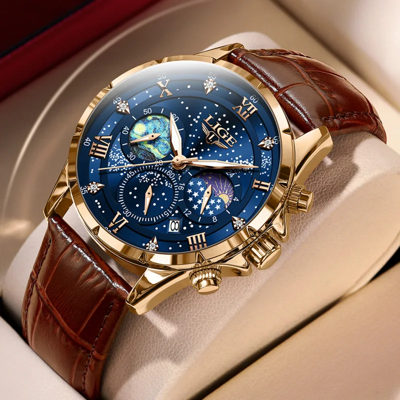 

LIGE Creative Mens Watches The Starry Night Paintings Dial Quartz Wristwatches Luminous Star Moonswatch Watch Men Chronograph