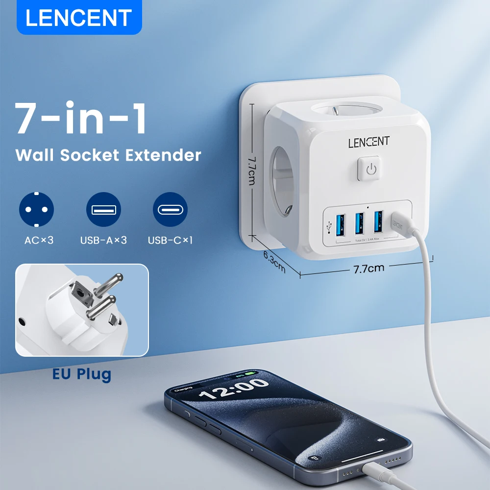 LENCENT zeď nástrčkový extender s 3 střídavého outlets 3 USB porty and1 typ C 7-in-1 EU zátka nabíječka on/off spínač pro domácí