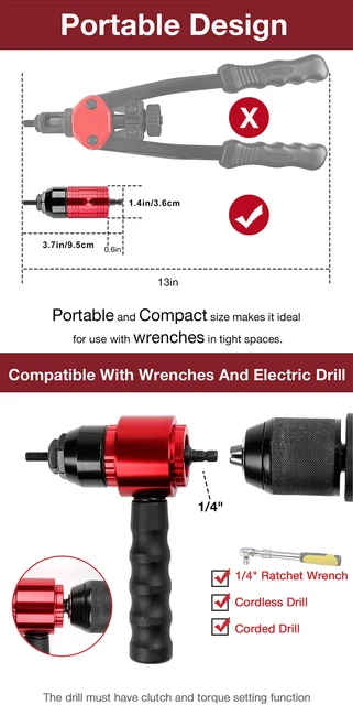 Kit Manual Automatic Nut Gun Adapter Aluminum Alloy Rivet Gun Tool