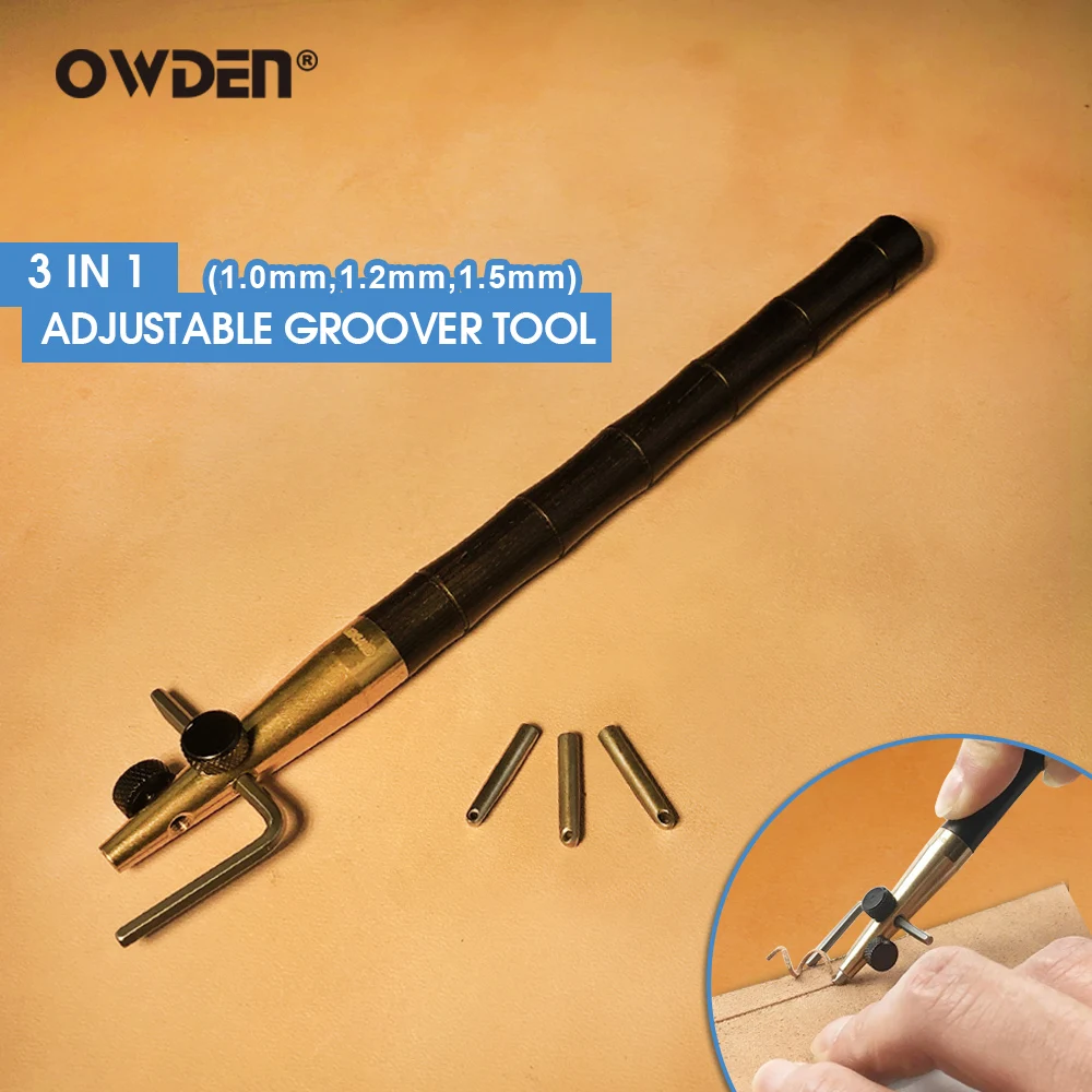 OWDEN 3 in 1 Leather Groover Tool Set (1.0-1.2-1.5mm) DIY Craft Adjustable Crease Edger for Stitching |