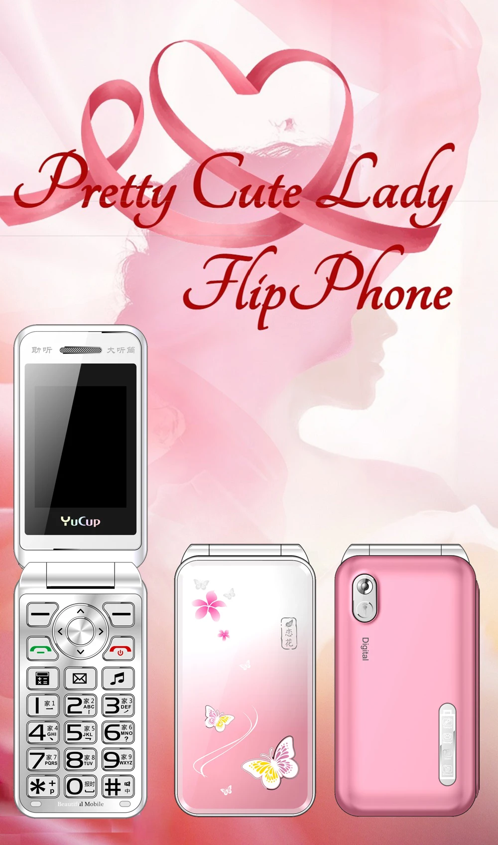 Women Flip Mobile Phone Hand Writing Touch Display Slim Flashlight Cute Cover Style Dual Sim Big Push Button Cellphone