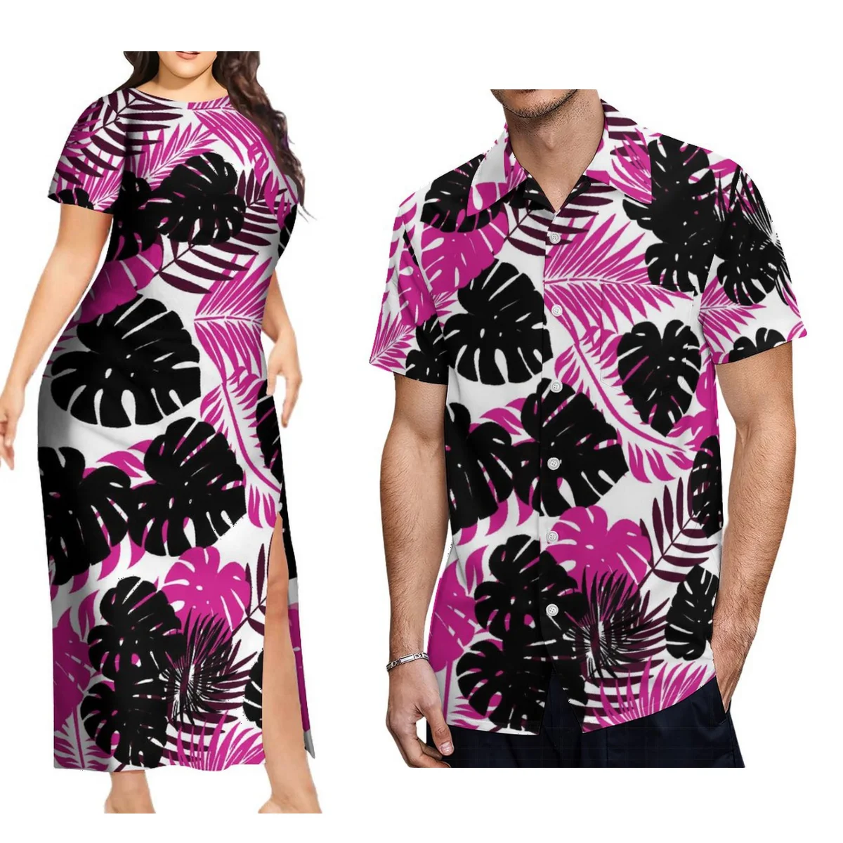 

2024 Women'S Short-Sleeved Dress Samoan Slit Maxi Polynesian Tribe Hawaiian Men'S Shirt With Matching Suit