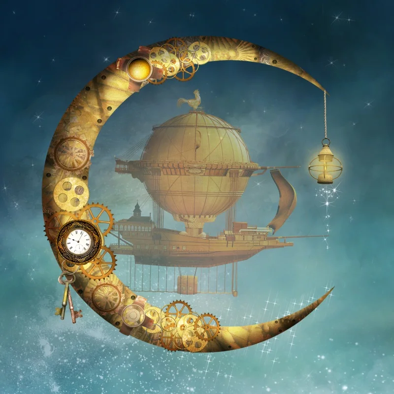 

Laeacco Steampunk Gears Moon Lamp Boat Photography Backgrounds Photographic Backdrops Baby Newborn Portrait Photophone Photozone