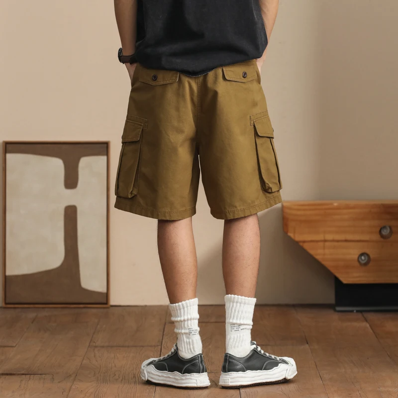 Summer street men's work shorts High-end combed cotton loose fit knee-length pants Multi-pocket model stretch casual pants