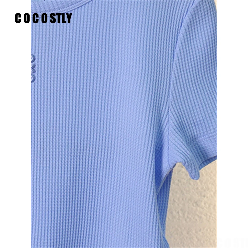 

COCOSTLY Summer 2024 New Blue T-Shirt for Women Embroidered Letters Round Neck Short Sleeve Ladies Small Tees Top