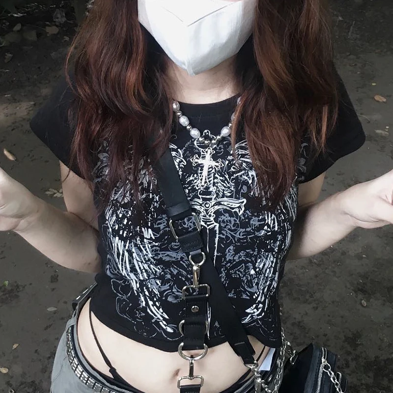90s Harajuku printed T-shirt short sleeved tight top women's Y2K street wear exposed navel top 1 90s Harajuku printed T-shirt short sleeved tight top women's Y2K street wear exposed navel top
