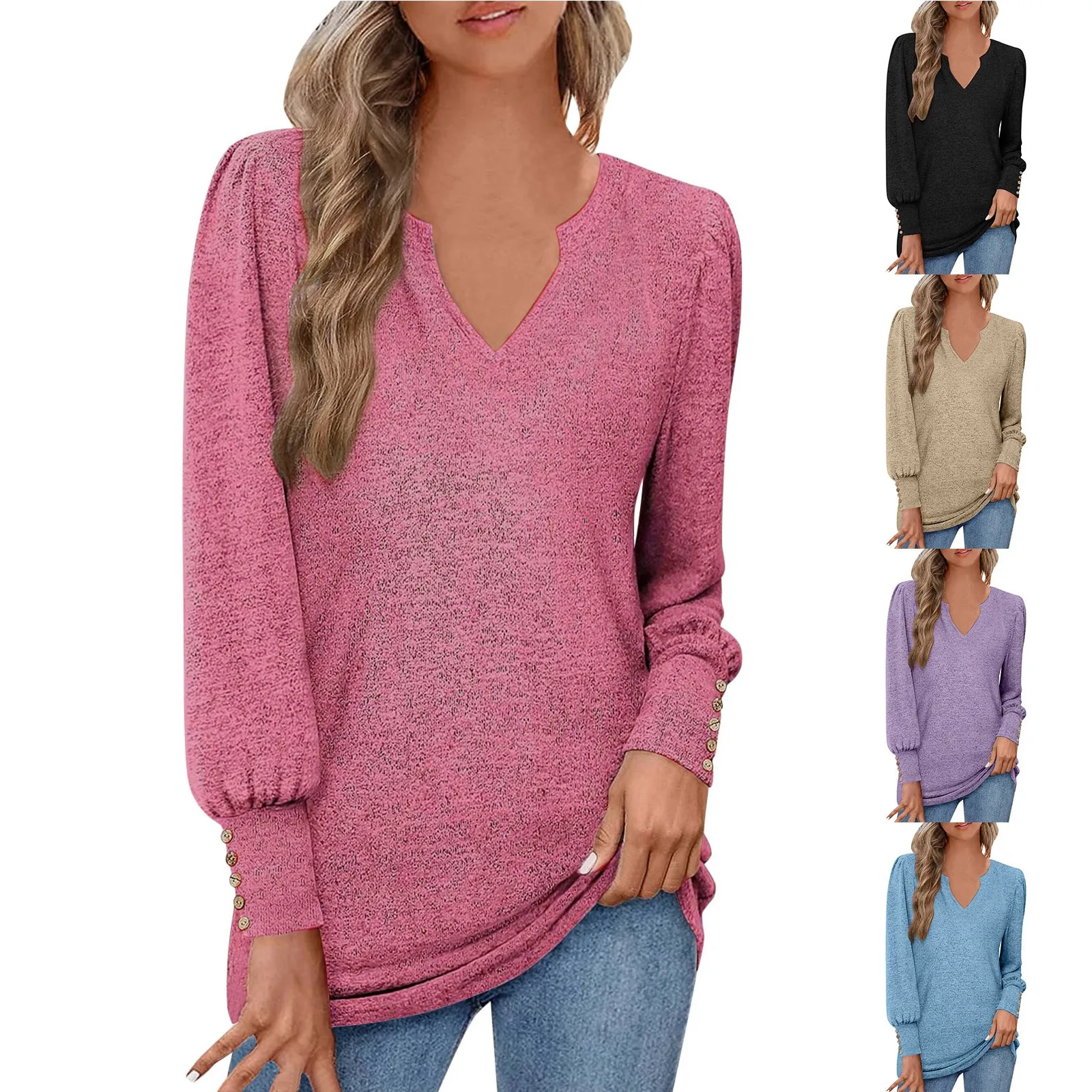 

Women Shirt Women's Solid V Neck Casual Bubble Sleeve Button Design Cotton T Shirts Women Exercise Tops Long Sleeves Undershirts