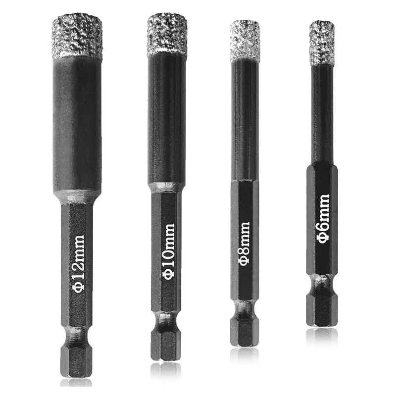 

Dry Diamond Drill Bits Black Drill Bits 4Pcs - (6Mm), (8Mm), (10Mm), (12Mm) - Hex Shank - Tile Drill Bits