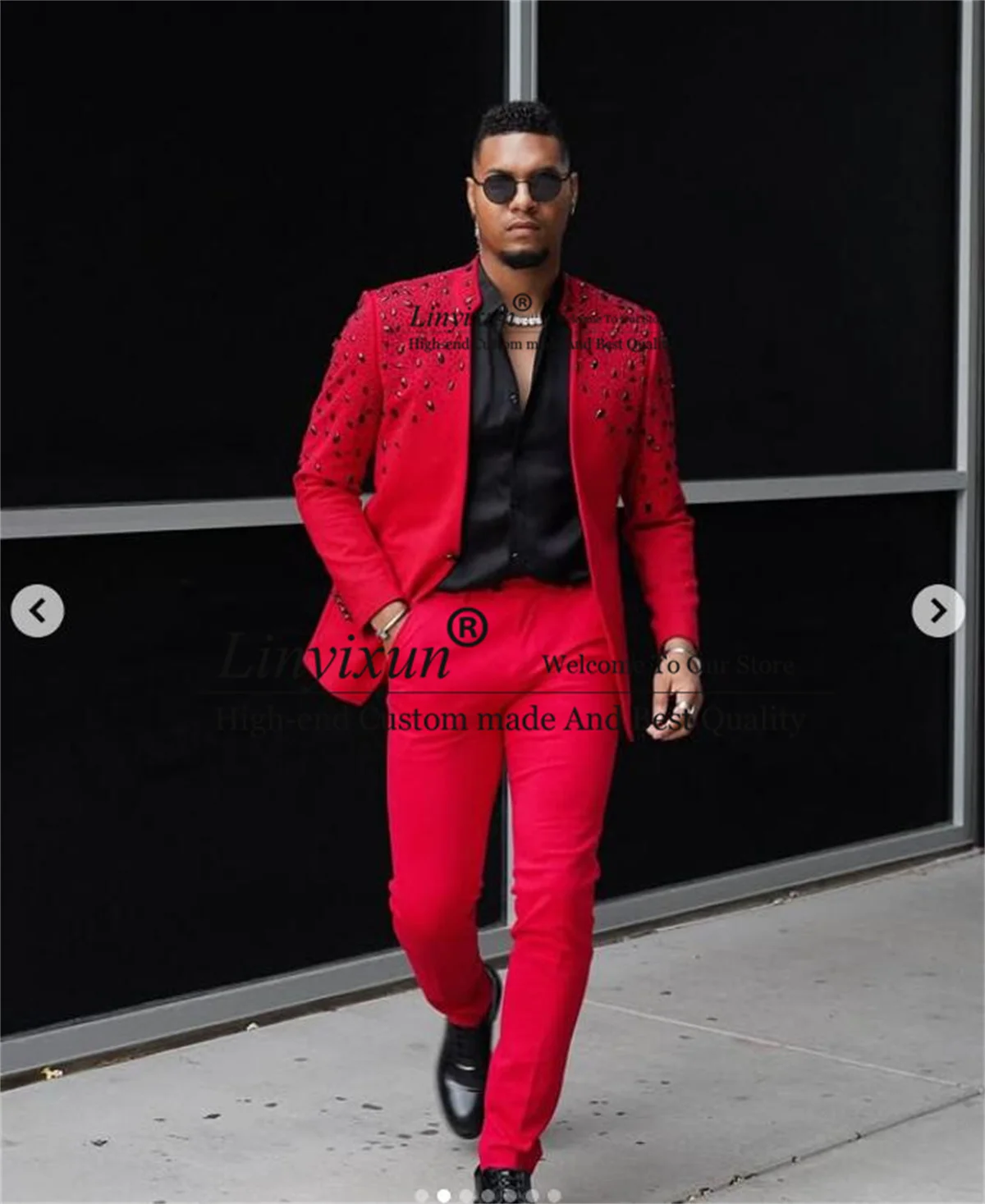 Sparkly Stone Crystals Tuxedo Men Suits Stand Collar Groom Wedding Male Prom Blazers Customized 2 Pieces Sets trajes para hombre 3