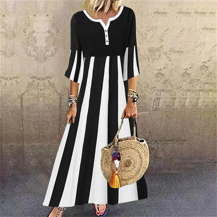 Button Detail Printed V-Neck Short Sleeve Maxi Dress