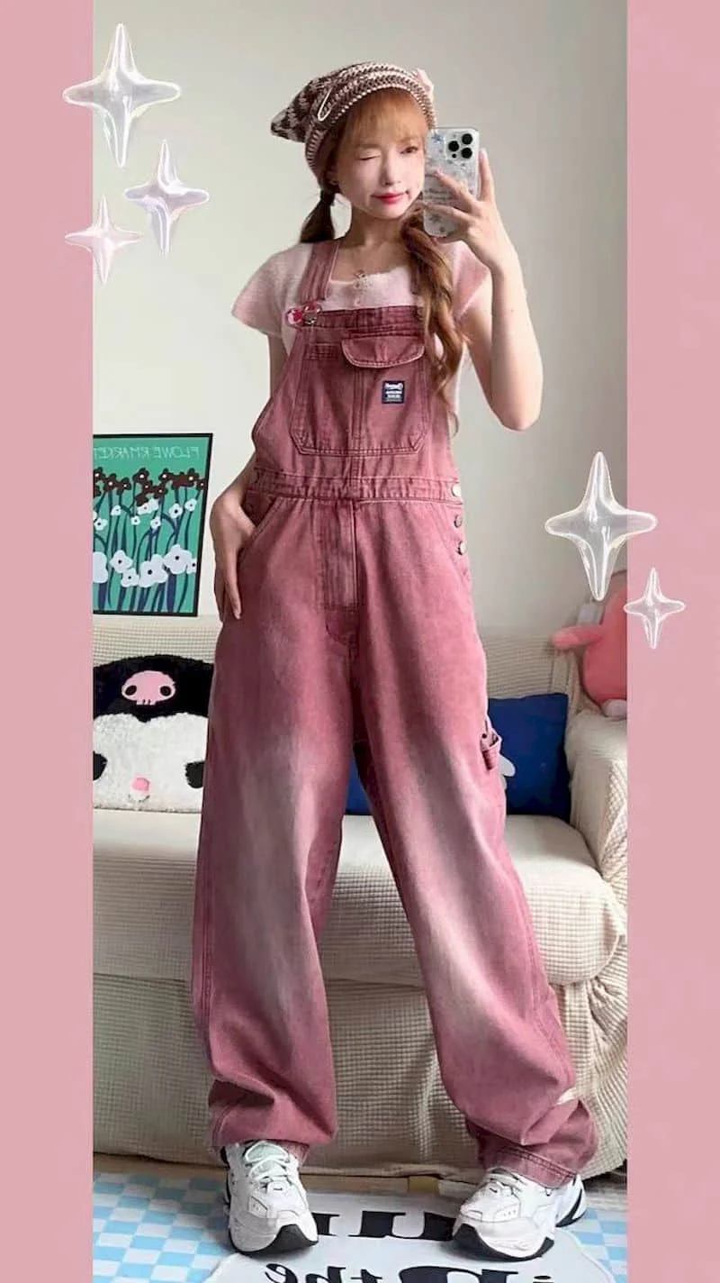 【rolarola】韓国人気★POCKET DENIM OVERALL ONE-PIECE AKOEE Women's Baggy Jumpsuits, Denim Overalls with Wide Leg