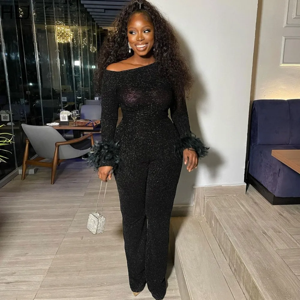 HLJ Fashion One Shoulder Sparkling Feather Jumpsuits Women Long Sleeve Slim Straight Pants Playsuits Sexy Party Club Overalls
