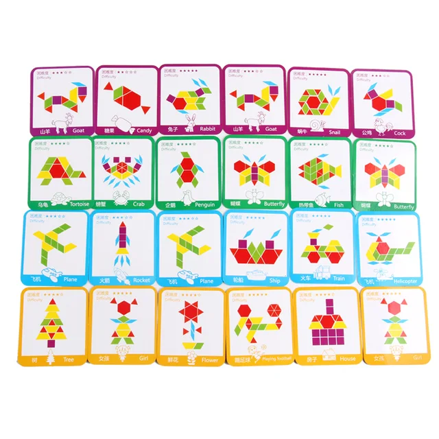155Pcs Set Wooden Pattern Blocks Geometric Shape Jigsaw Puzzle Baby Educational Montessori Tangram Toys for Kids with 24Pcs Card 5