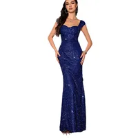 Ele High-Waist Long Dr with Sequins V-Ne Strap Fi-Tail Design Pure Color Midi Dr Summer Season Women's Faion 3