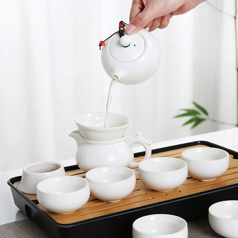 Ding ware travel tea set suit car portable ceramic complete set kung fu tea one pot four cups customizable