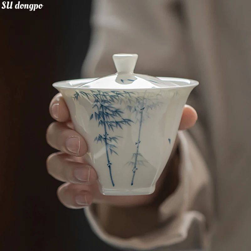 160ml Jade Clay White Porcelain Hand-painted Blue and White Bamboo Gaiwan Chinese Style Simple Tea Making Bowl
