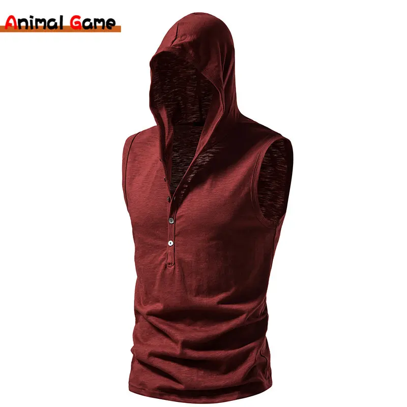 

Summer Men's Hooded Shirts Casual Tank Tops Cotton T-shirt Thin Quick-drying Fitness Sports V-neck Multiple Buttons Tops