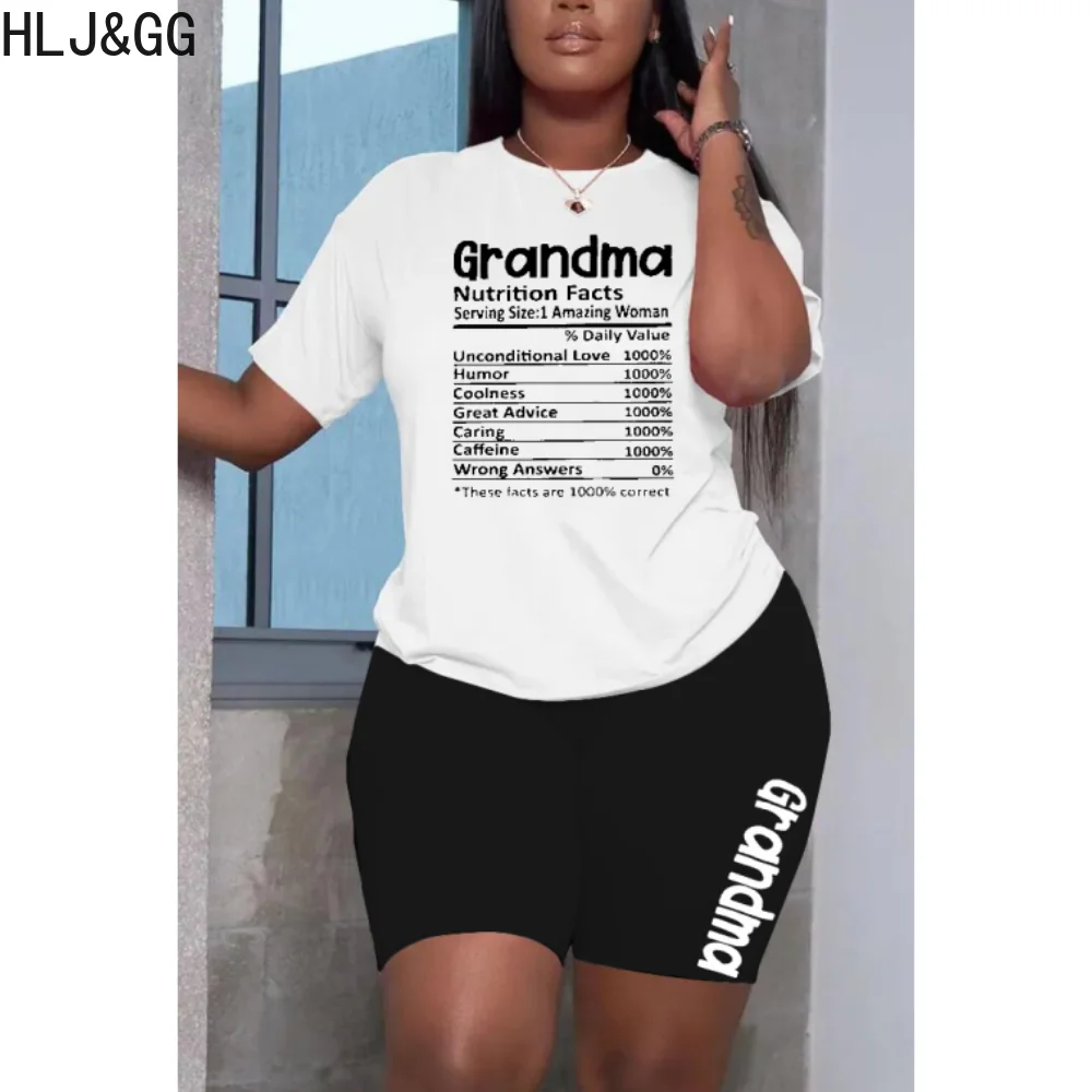 

HLJ&GG Casual Letter Print Sporty Two Piece Sets Women Round Neck Tshirt And Biker Shorts Tracksuits Summer Mathing 2pcs Outfits