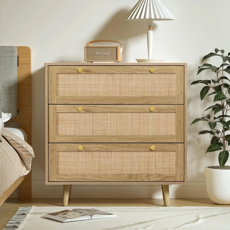 

3 Drawer Dresser for Bedroom, Rattan Dresser Modern Wood Chest of Drawers with Spacious Storage