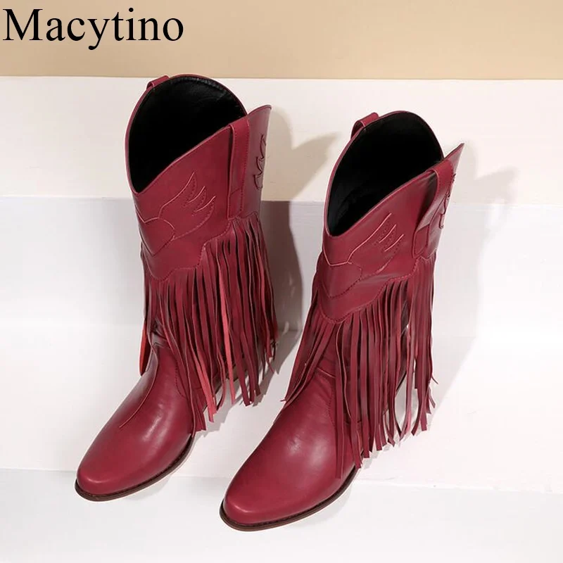 

Riding Boots Women's 2022 New Retro Western Cowboy Boots Square Head Joker Thick Heel sStrap Knee-high Tassels tube