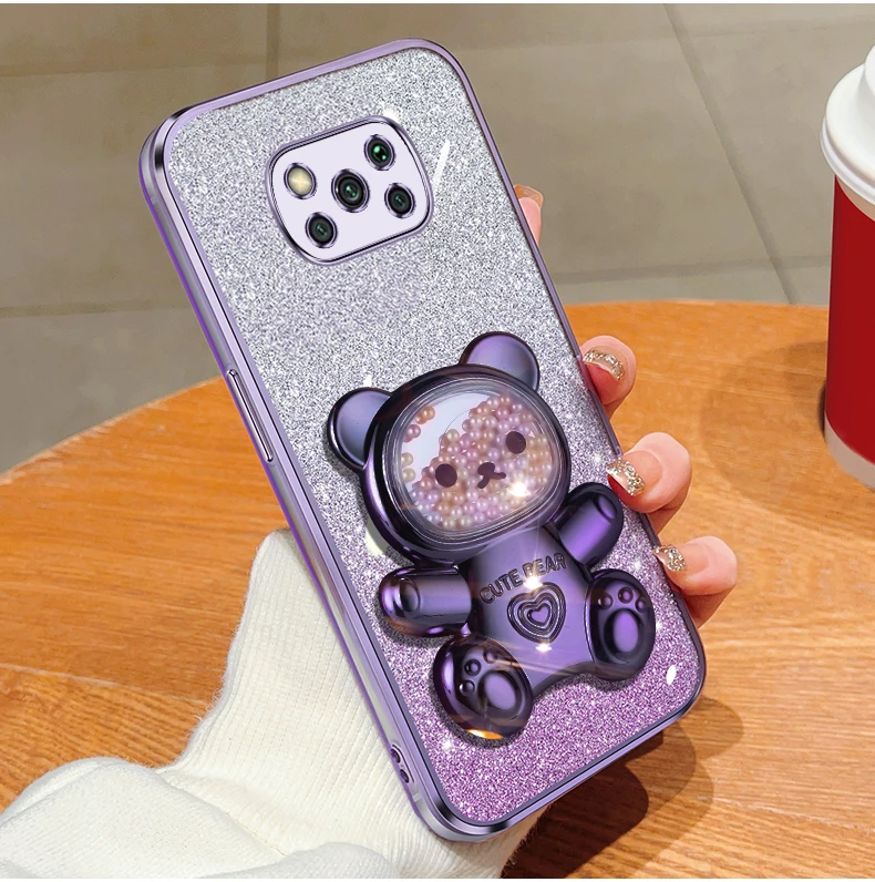 pokox3 x5 Quicksand Bear Glitter Holder Phone Case On For Xiaomi Mi Poco X5 GT NFC X3 M4 M3 M2 Pro Stand Cover F4 F5 F2_voghion.com