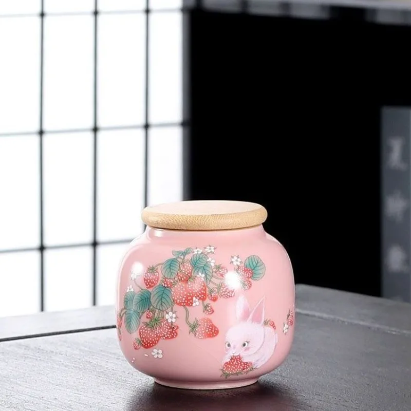 Creative Cute Strawberry Bunny Ceramic Storage Jar Portable Sealed Tea Jar Delicate Cartoon Bunny Storage Container Home Decor