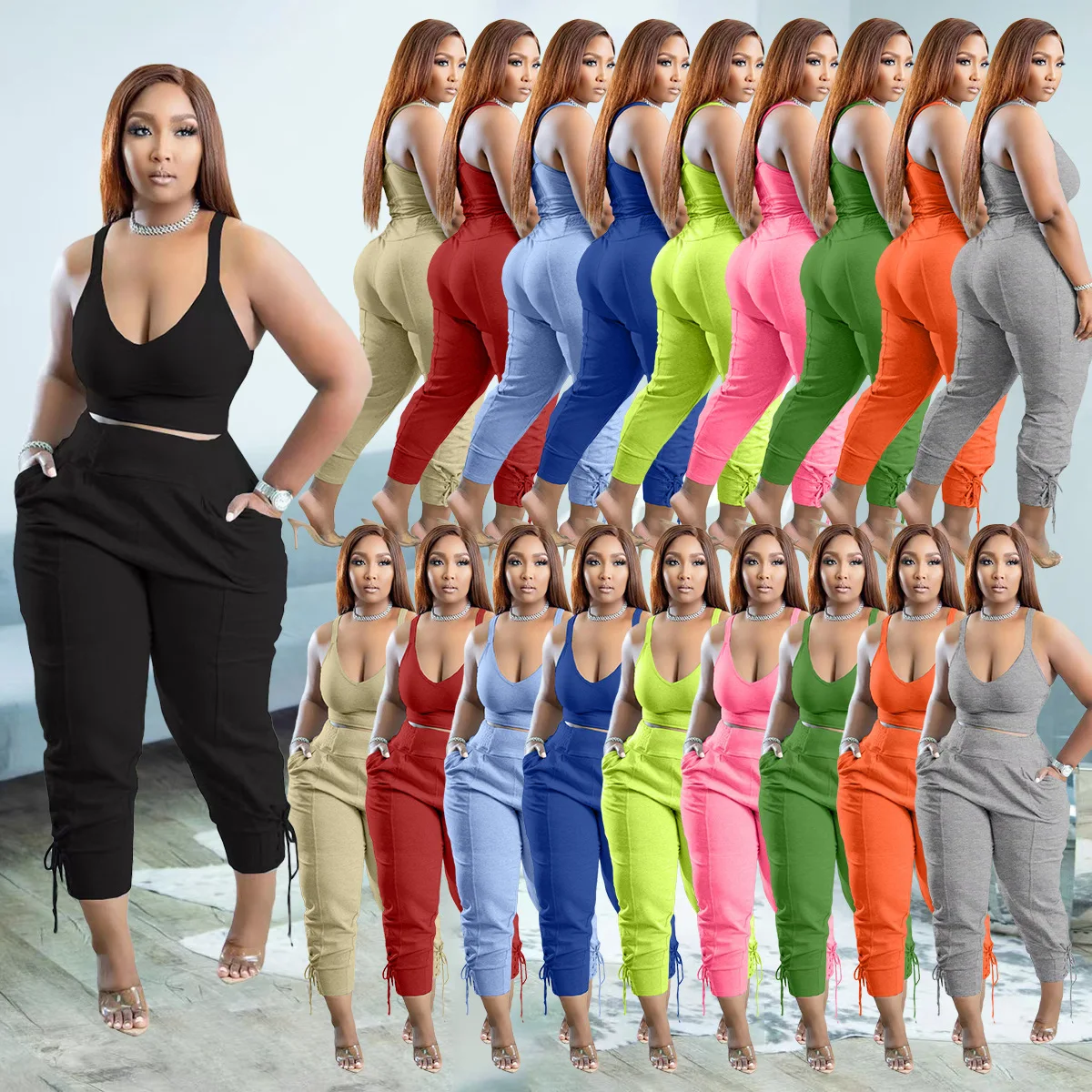 European and American women's fashion sexy camisole V-neck solid color trousers casual two-piece suit new european and american multifunctional maternity clothes breastfeeding dress pregnancy v neck fashion slim dress